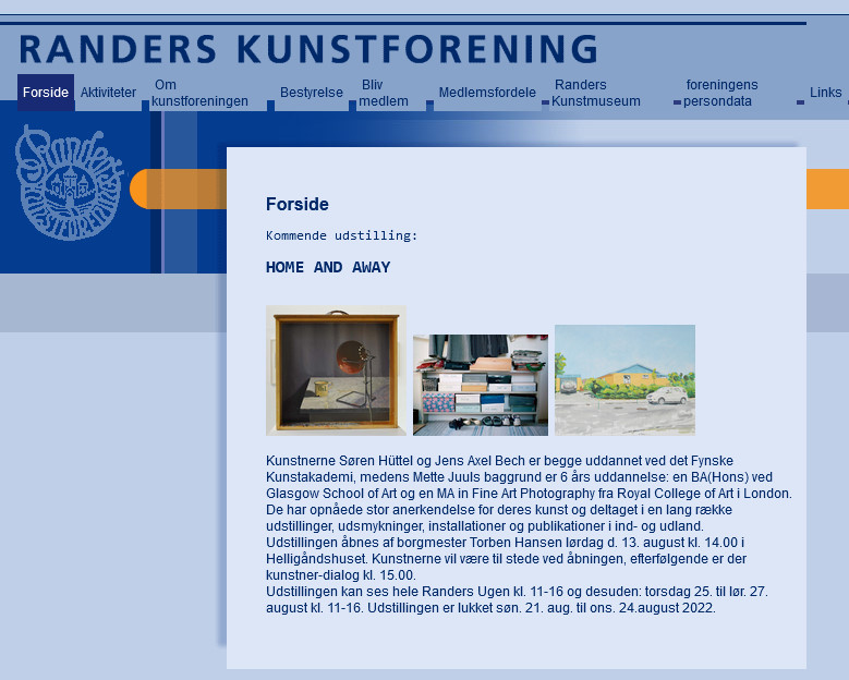 Viser forsiden af Randers Kunstforenings hjemmeside