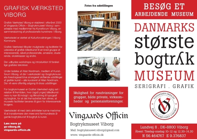Billedet viser en folder som link til hjemmesiden for Vinggaards Officin - Bogtrykmuseet Viborg